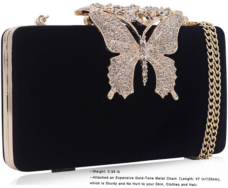 DEXMAY DM Dexmay Unique Velvet Clutch with Rhinestone Crystal Butterfly Clasp Women Evening Bag for Formal Party Black - Image 3